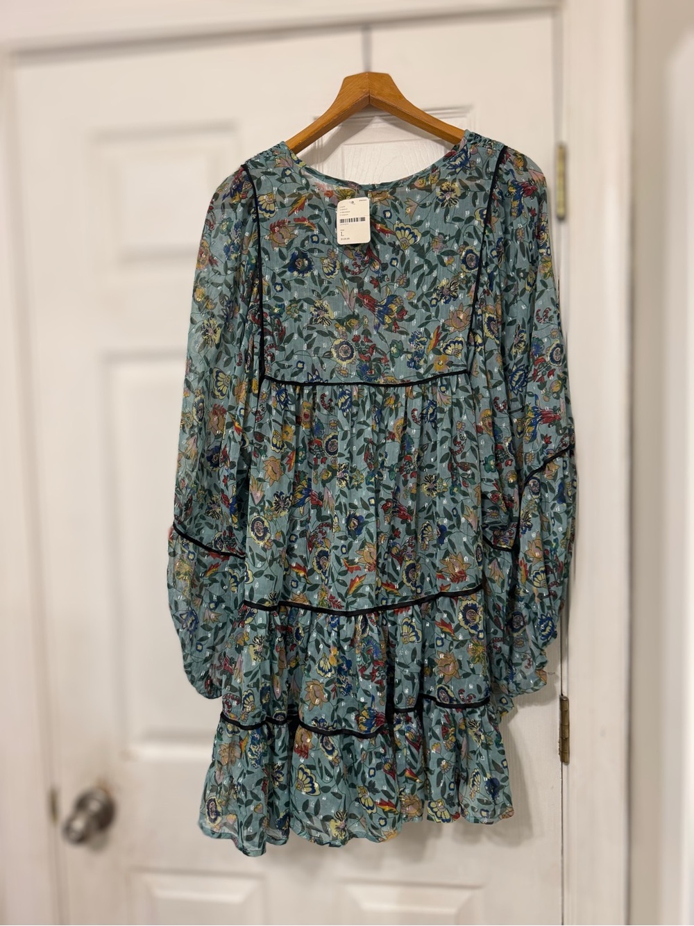 NWT Free People Floral Tiered Ruffled Swing Tunic Top Mini Dress Turquoise L - Picture 6 of 8